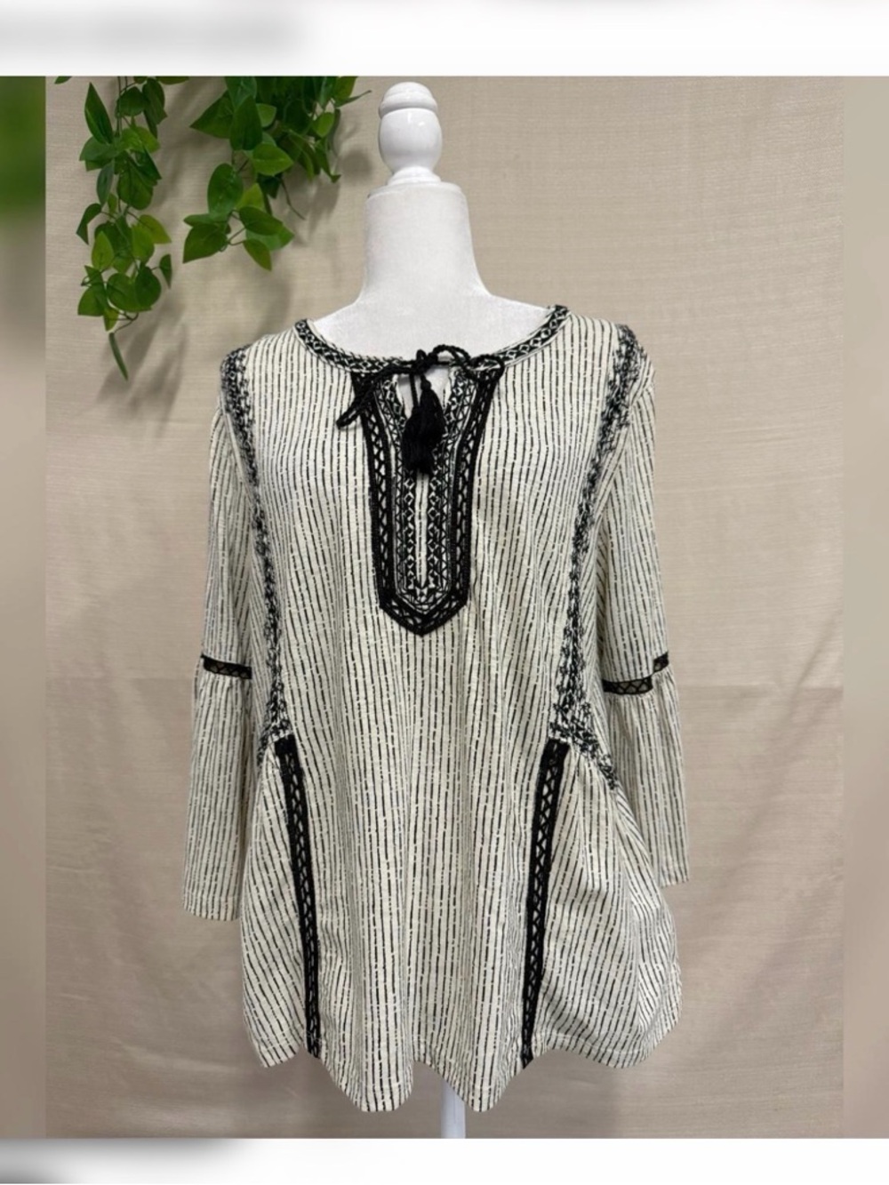 Style & Co. Black & White Striped Boho Tassel Tunic - Picture 1 of 5